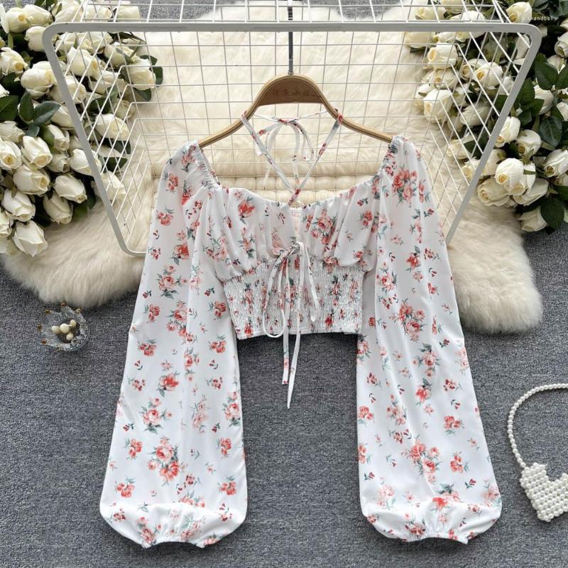 Women's Blouses French Floral Print Chic Long Sleeve Shirt Women's Fashion Spring Lace Up Sweet Sexy Short Tops Blouse Blusas Elegantes, Green