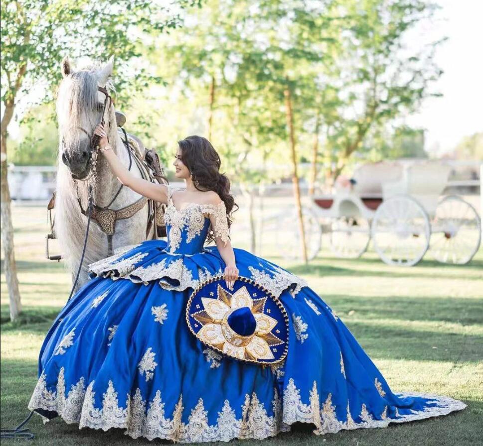 Mexican Royal Blue Quinceanera Dresses Off Shoulder Appliques Sweep Train lace-up corset prom Sweet 16 Girl Vestidos De 15 Anos