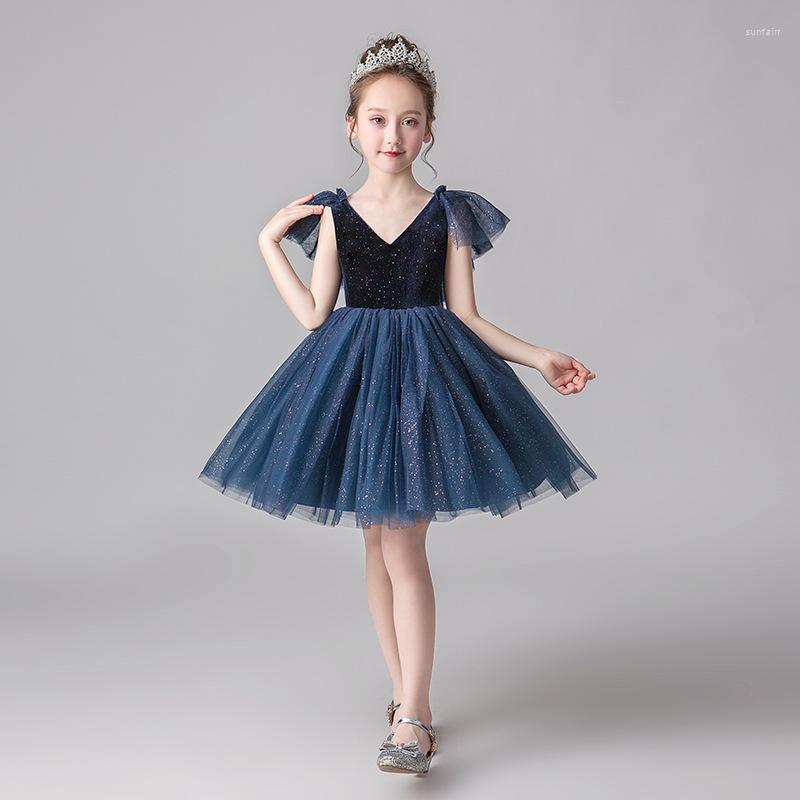 

Girl Dresses 2023 Girls Piano Costumes Children's Catwalk Host Fluffy Birthday Princess Dress Flower Evening, Blue