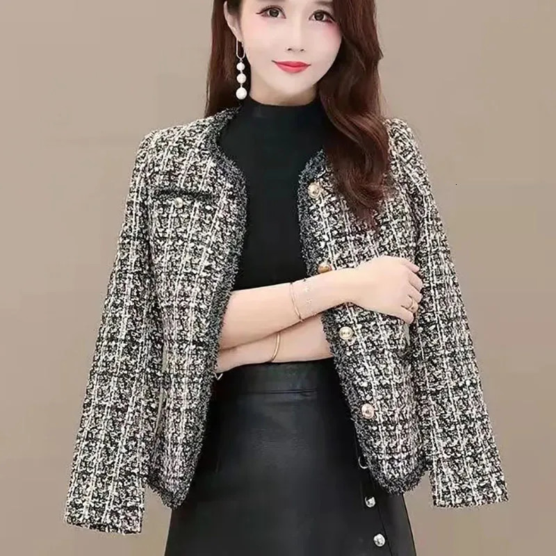 Womens Jackets Vintage Vneck Singlebreasted Plaid Women Spring Autumn Tweed Plus Size Outerwear Korean Fashion Casual Coat Streetwear 231113