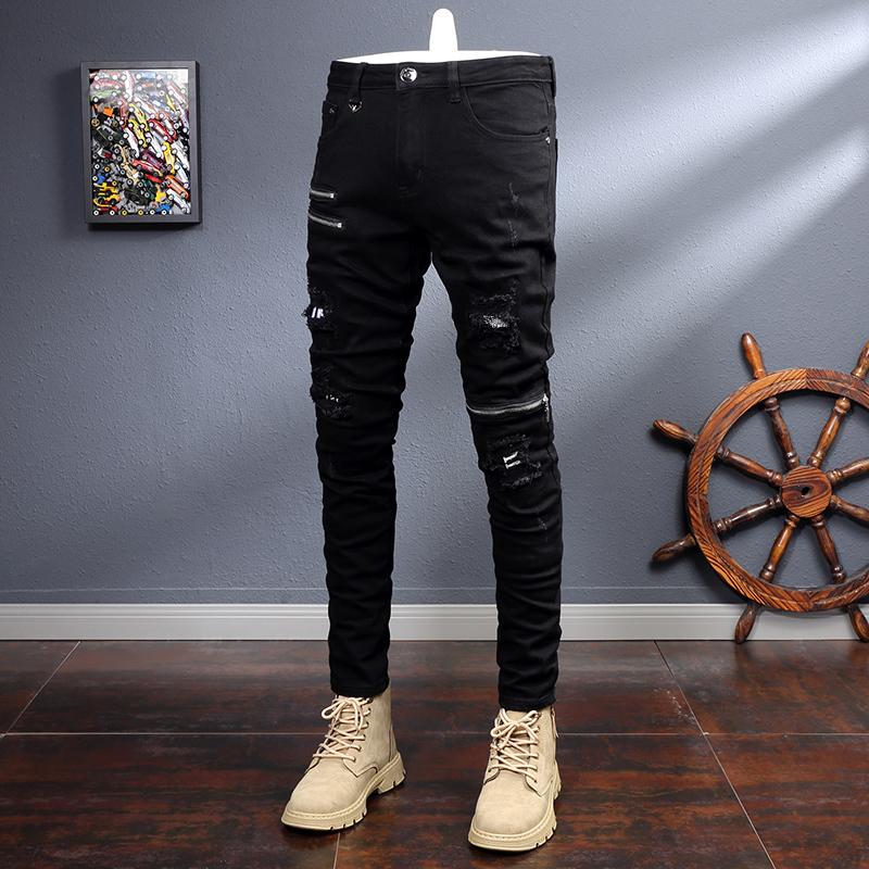 Men's Jeans Streetwear Fashion Black Jeans Men Elastic Slim Fit Destroyed Ripped Jeans Zipper Designer Hip Hop Punk Denim Pencil Pants Men 230414, Black 847
Men's Jeans Streetwear Fashion Black Jeans Men Elastic Slim Fit Destroyed Ripped Jeans Zipper Designer Hip Hop Punk Denim Pencil Pants Men 230414, Black 847