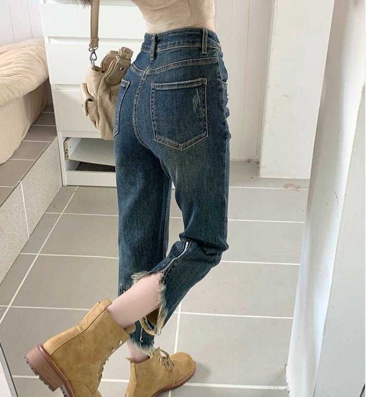 Retro Worn Raw Hem Jeans Womens Autumn High Waist Slimming Zipper Design Straight, Denim blue
Retro Worn Raw Hem Jeans Womens Autumn High Waist Slimming Zipper Design Straight, Denim blue