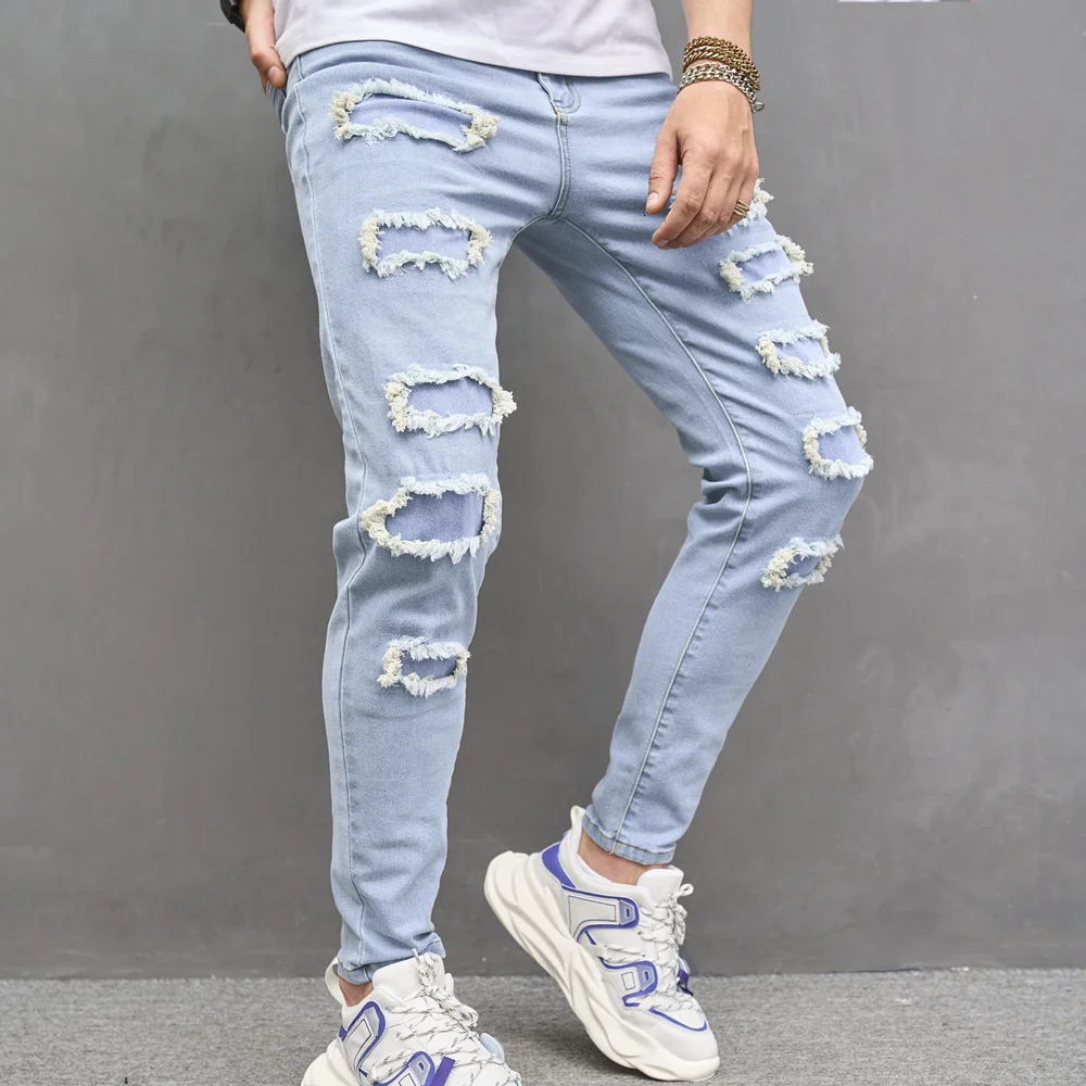 Men s Jeans Men Streetwear Stylish Ripped Patch Slim Pencil Trousers Male Casual Stretch Denim Pants 231113