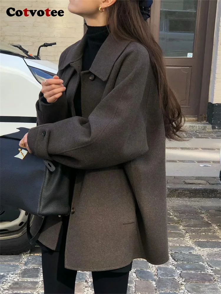 Womens Wool Blends Cotvotee Button Up Coat Women Autumn Winter Fashion Long Sleeve Loose Coats Vintage Turn Down Collar Solid Jackets 231114