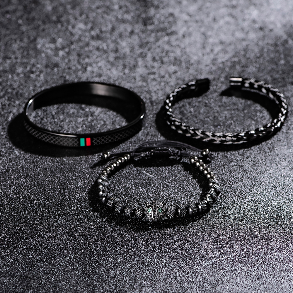 Luxury Handmade Braiding Bracelet Men Pave CZ Leopard Head Enamel Green Red Bracelet Stainless Steel Jewelry