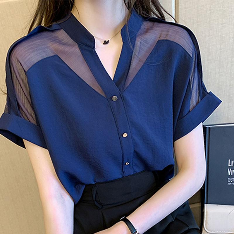 

Women's Blouses Casual Solid Color Commute Shirt Female Clothing Sheer Spliced Summer Fashion Single-breasted Elegant V-Neck Chiffon Blouse, Blue