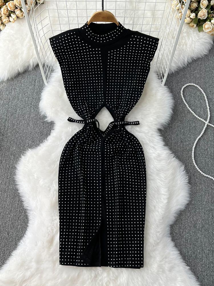 Casual Dresses Summer Sexy Hollow Out Diamonds Sheath Dress Elegant Stand Collar Sleeveless High Waist Bodycon Mini Vestidos Female Fashion, Black
Casual Dresses Summer Sexy Hollow Out Diamonds Sheath Dress Elegant Stand Collar Sleeveless High Waist Bodycon Mini Vestidos Female Fashion, Black