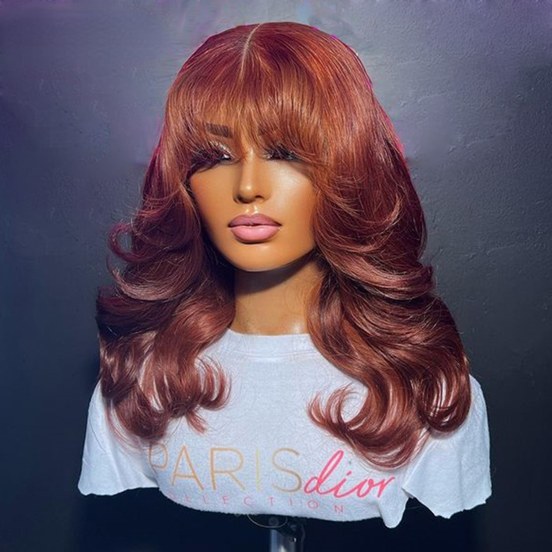 Free shipping Peruvian Reddish Brown Colored Body Wave with Bangs 360 Short Frontal Wig Human Hair for Women Synthetic Lace Closure Wigs