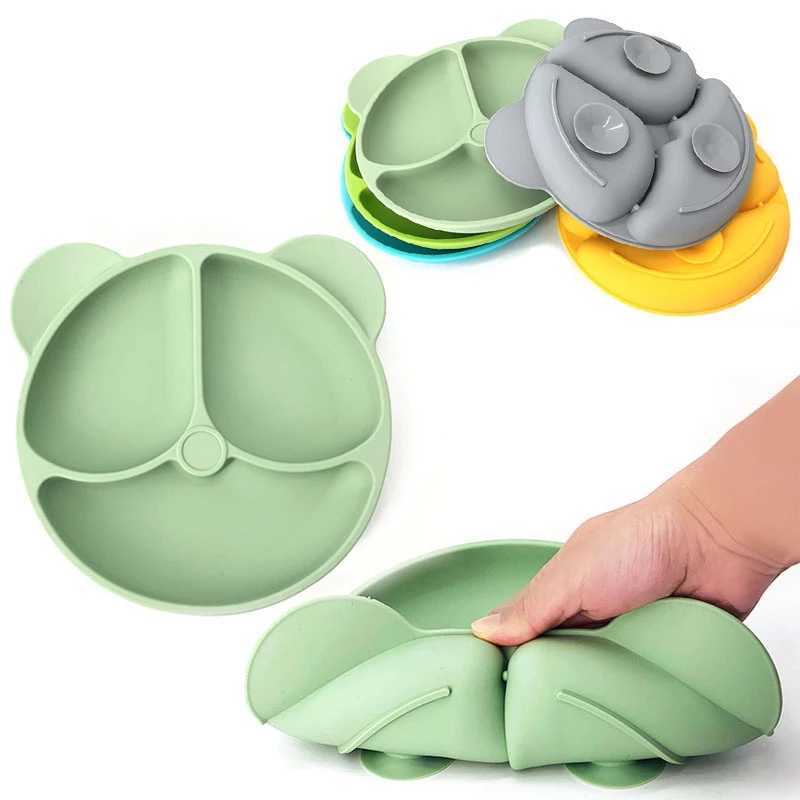 Cups Dishes Utensils 3/5/6Pcs Baby Silicone Feeding Set BPA Free Bowl Divided Plate With Suction Silicone Handle Spoon Fork Bibs Children Dishes AA230