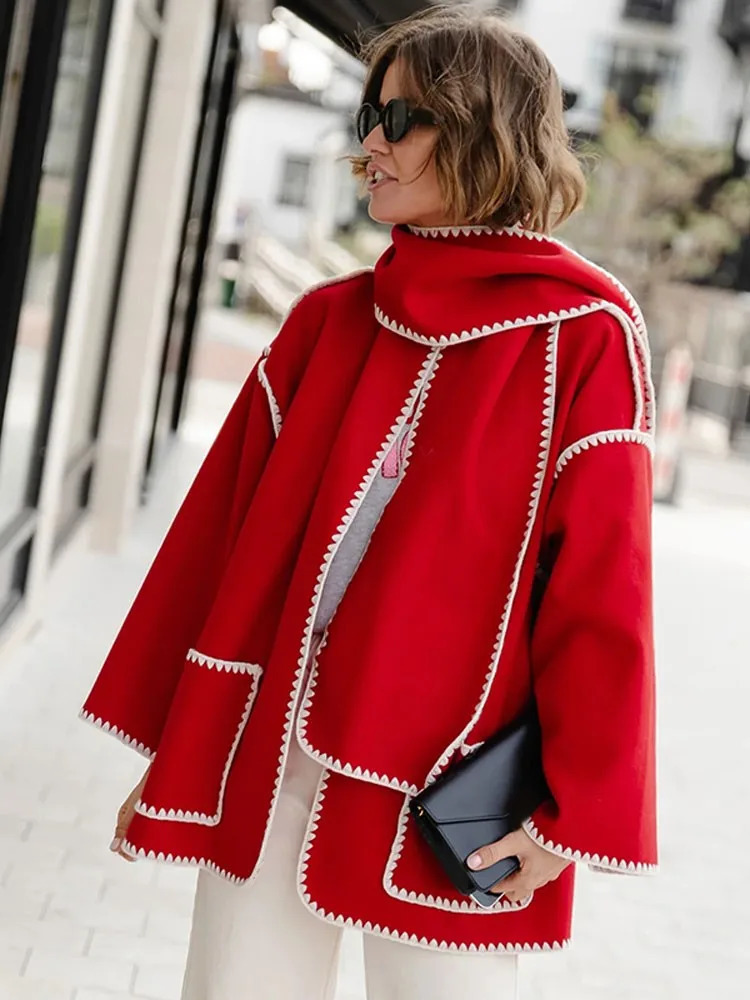 Women's Wool Blends Autumn Elegant Patchwork Coat With Scarf For Women Fashion Lapel Long Sleeve Pocket Coats Winter Lady Outwear Jacket 231114