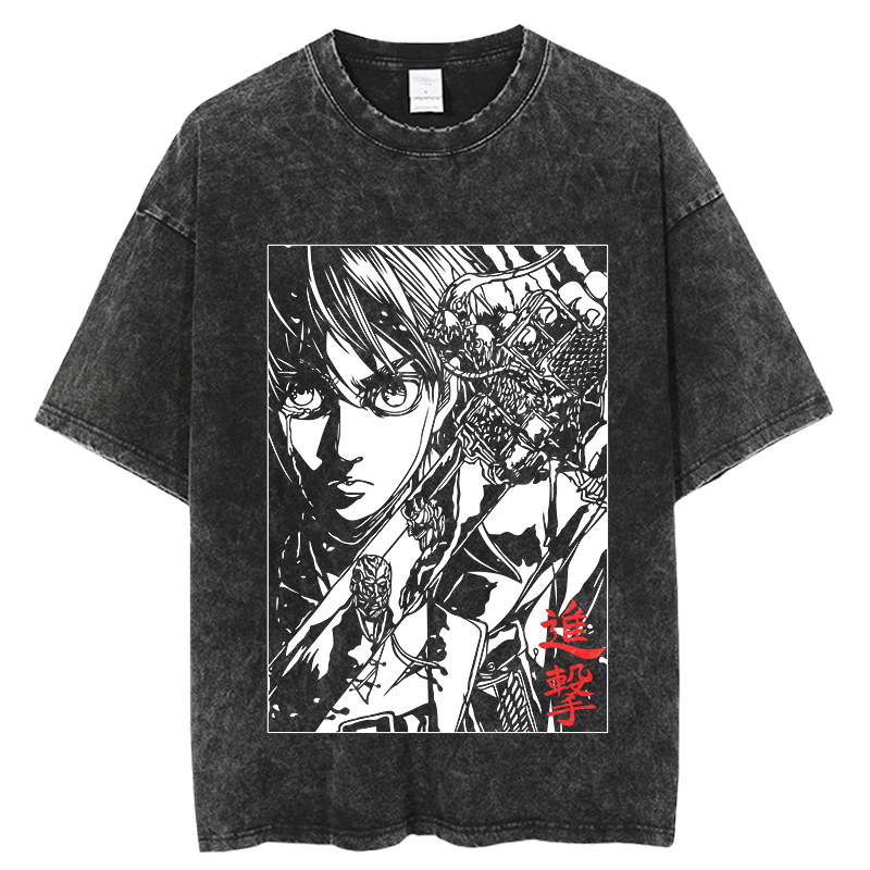 Men's TShirts Vintage Washed Tshirts Attack On Titan Anime T Shirt Harajuku Oversize Tee Cotton fashion Streetwear unisex top 230414