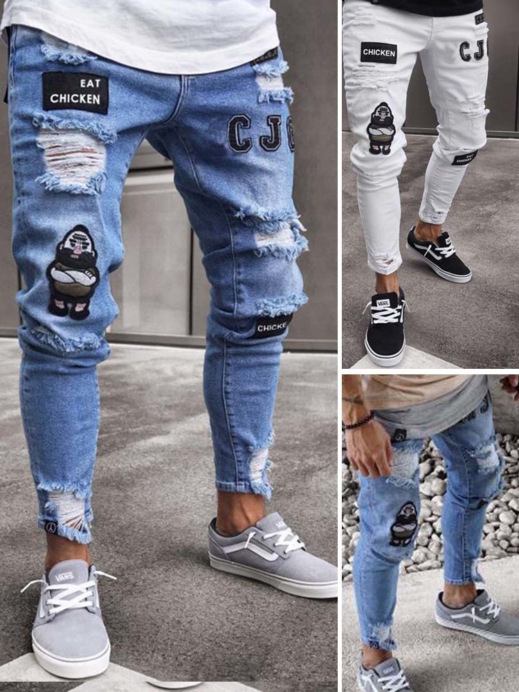Men's Pants Mens Stretchy Ripped Skinny Embroidered Jeans Men's White Pants Destroyed Hole Slim Fit Denim High Quality Hip Hop Men trousers 