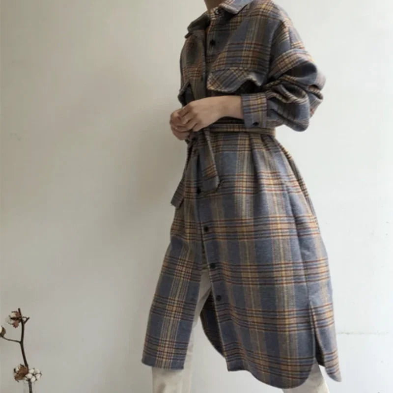 Women's Wool Blends Women's Winter Long Coat Elegant Checked Jacket Oversized Wool Checked Coat Long Sleeve Jacket Retro Autumn Jacket Camel