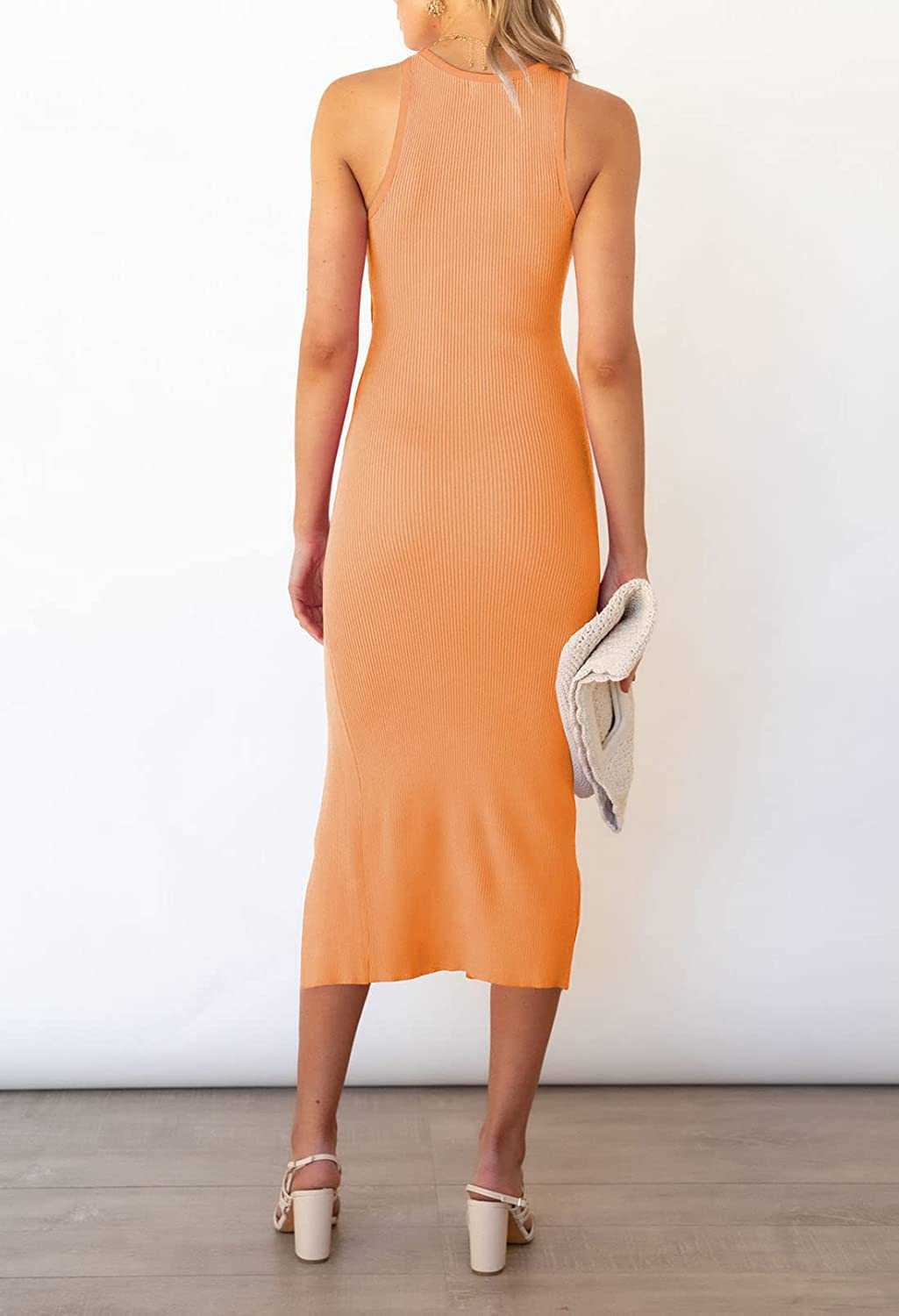 Women's Summer Cutout Midi Dress Crew Neck Sleeveless Tank Slit Ribbed Bodycon Dresses