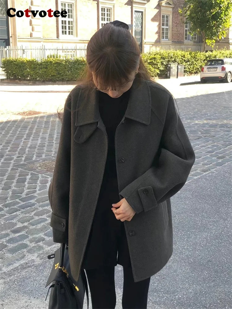Womens Wool Blends Cotvotee Button Up Coat Women Autumn Winter Fashion Long Sleeve Loose Coats Vintage Turn Down Collar Solid Jackets 231114