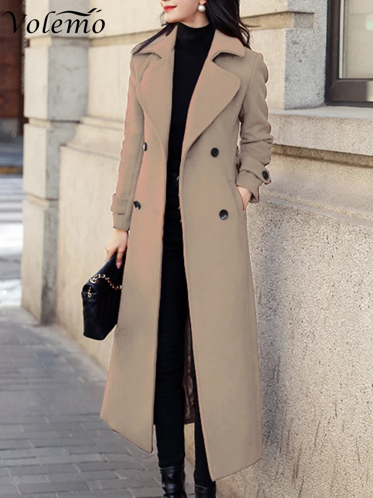 Womens Wool Blends Winter Overcoat Women Business Midcalf Length Jacket Formal Doublebreasted Coat Thick Slim Female 231114