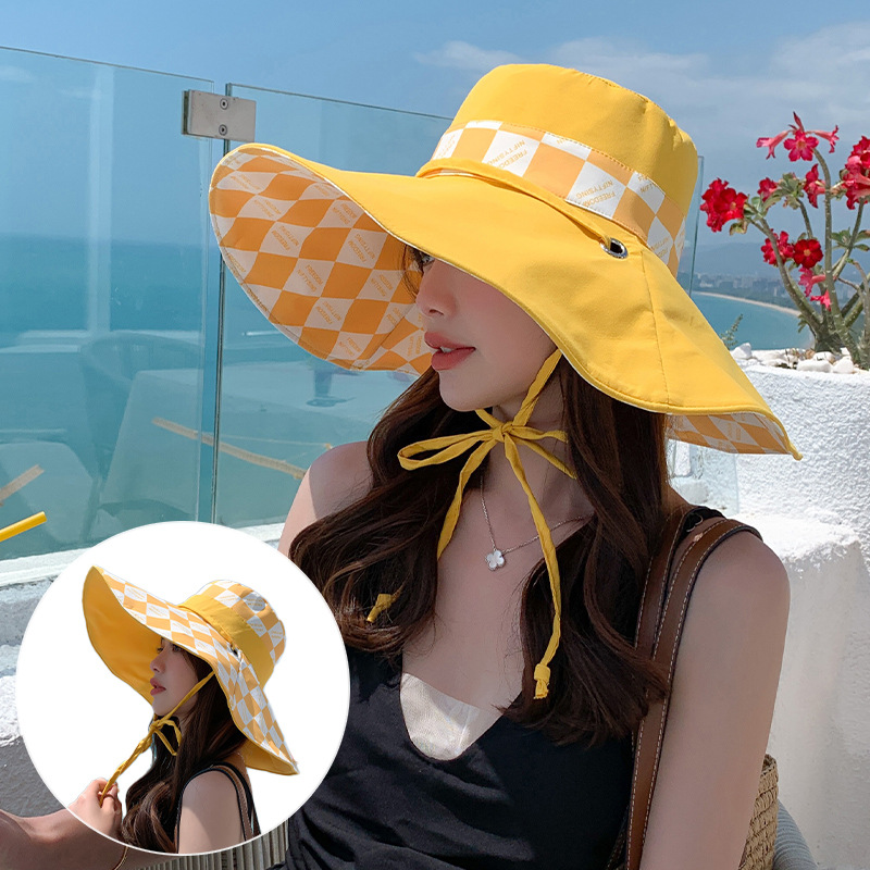 Wide Brim Bucket Hats Ladies Bucket Hat Double Sided Wear Fashion Checked Summer Beach Neck Protection Sun Visor Packable Wide Brimmed Foldable Revers