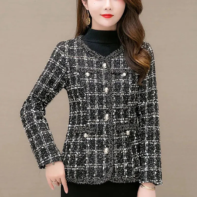 Womens Jackets Vintage Vneck Singlebreasted Plaid Women Spring Autumn Tweed Plus Size Outerwear Korean Fashion Casual Coat Streetwear 231113