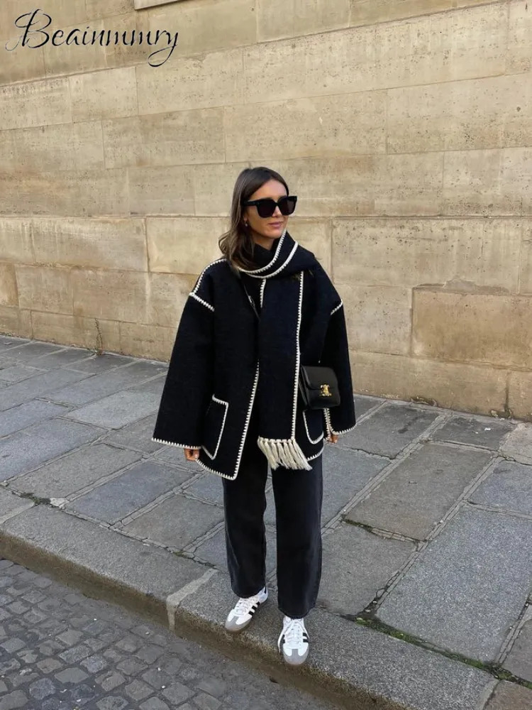 Women's Wool Blends Patchwork Tassel Shawl Collar Women Coat Casual Long Sleeve Pocket Single Breasted Female Jacket Fashion Lady Coats 231114