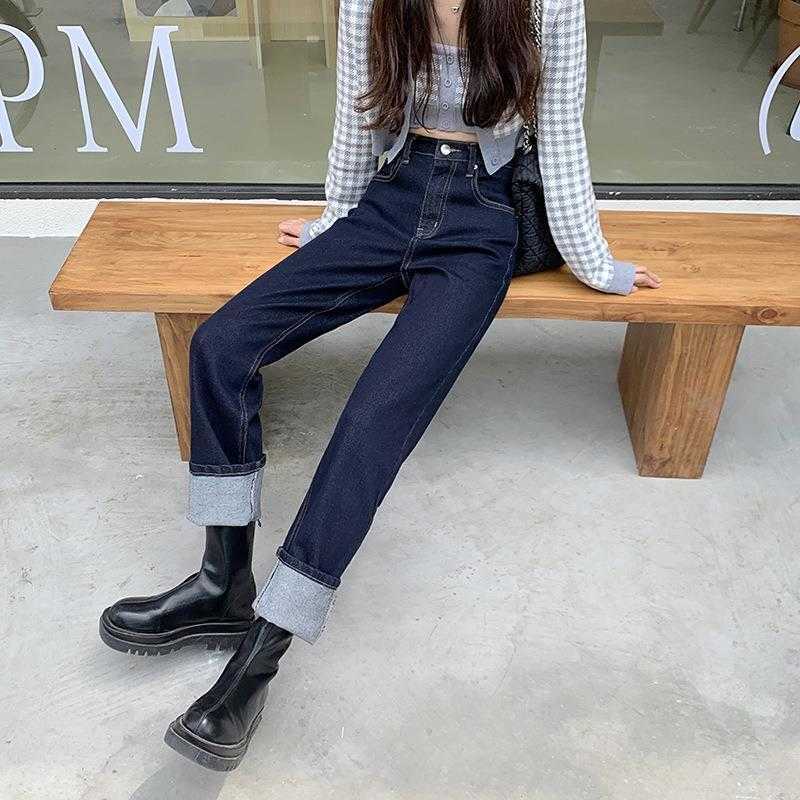 Womens Dark Blue High Waist Jeans Spring And Autumn Korean Style Loose Slimming, Navy blue
Womens Dark Blue High Waist Jeans Spring And Autumn Korean Style Loose Slimming, Navy blue