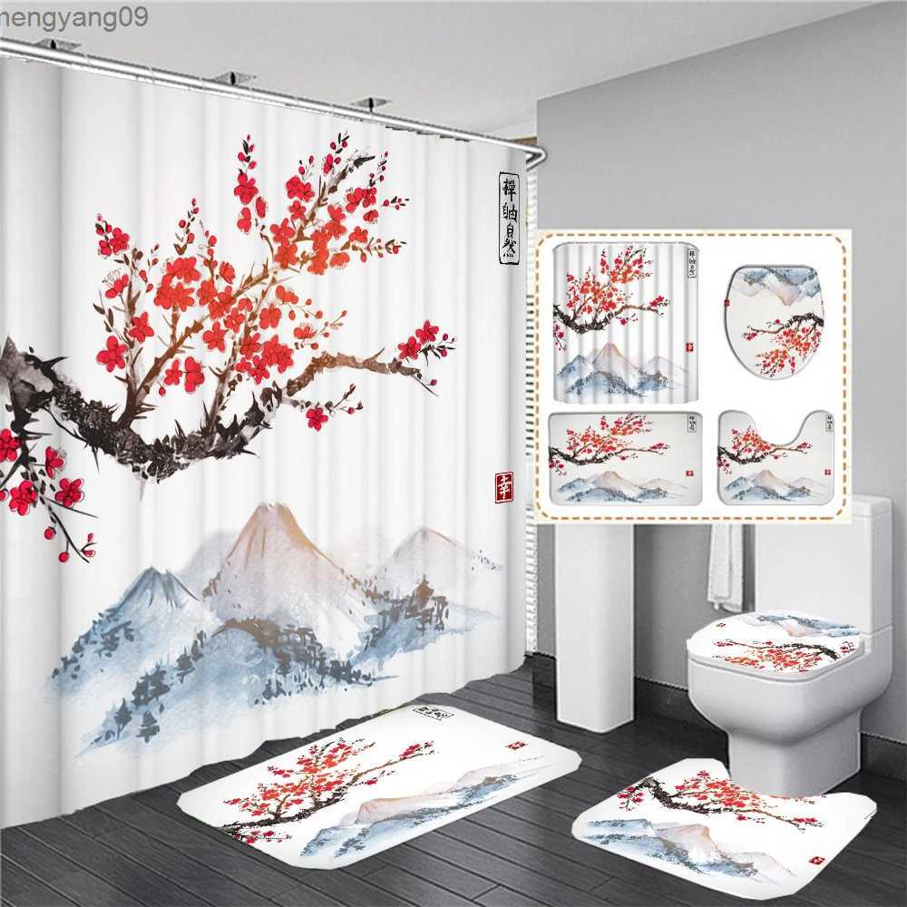 Shower Curtains Cherry Blossom Shower Curtain Set Rug Toilet Cover Bath Mat Spring Sakura Flower Pastoral Bathroom Curtain R231114