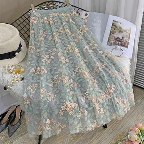 Skirts Vintage Embroidery Tulle Skirt Women Spring Flower Elastic High Waist lace Midi Skirt Korean Style Elegant A-line Mujer Falda 230414