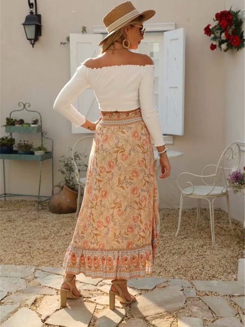 Skirts Vintage Chic Summer Fashion Women Floral Print Beach Bohemian Long Skirts High Elastic Waist Maxi A-Line Boho Skirt Femme 230414