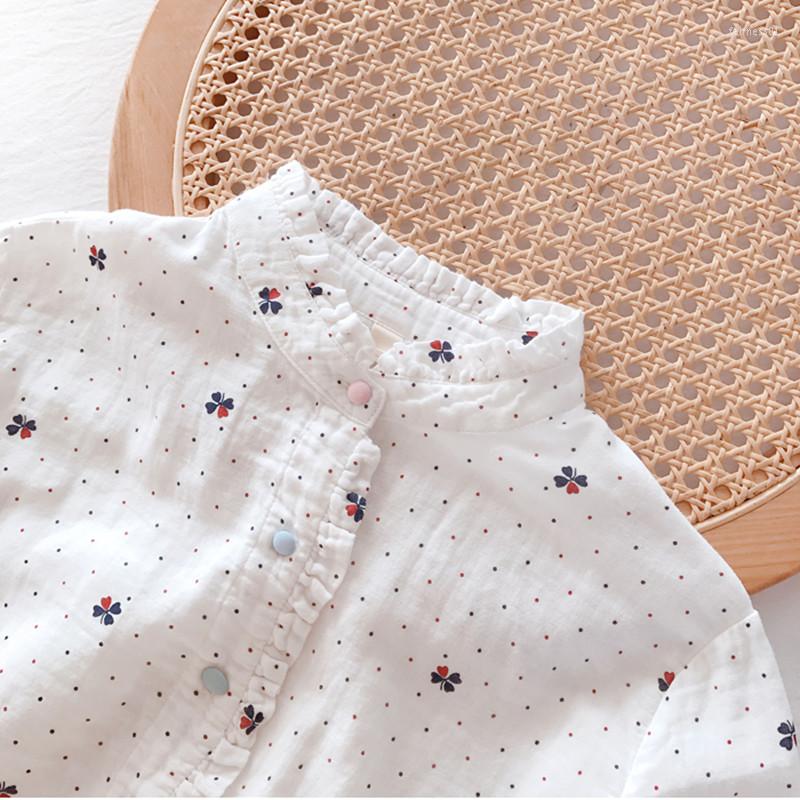 Women's Blouses Lamtrip Unique Ruffled Collar Lucky Four Leaves Print Polka Dots Long Sleeve Cotton Yarn Quality Top 2023 Spring, White