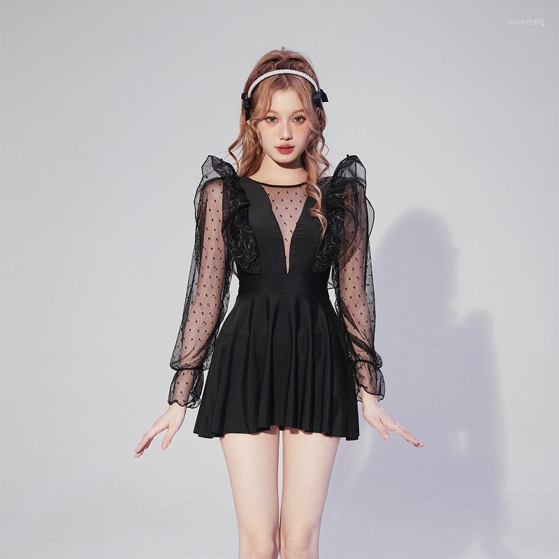 Women's Swimwear Women's Swimming Wear One Piece Lace Long Sleeved Dress Sexy Dot V-neck Bathing Suit Falbala Spring Wearing, Black
Women's Swimwear Women's Swimming Wear One Piece Lace Long Sleeved Dress Sexy Dot V-neck Bathing Suit Falbala Spring Wearing, Black