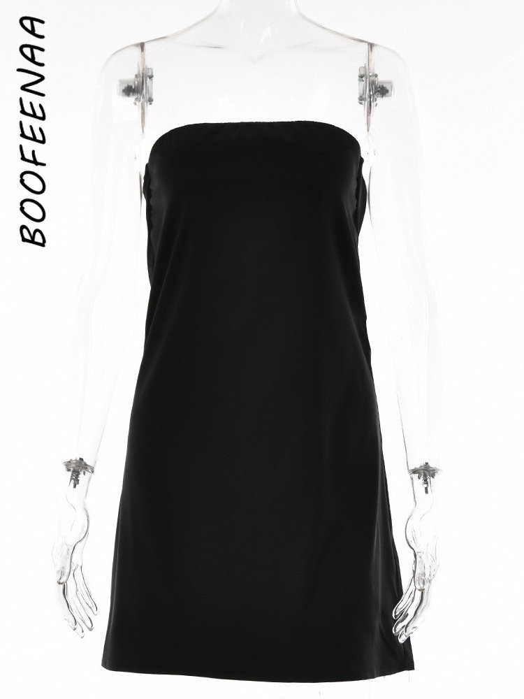 Casual Dresses BOOFEENAA Strapless Backless Mini Satin Flowy Short Party Dress Black Blue Sexy Night Club Outfits for Women C92BI13 230414