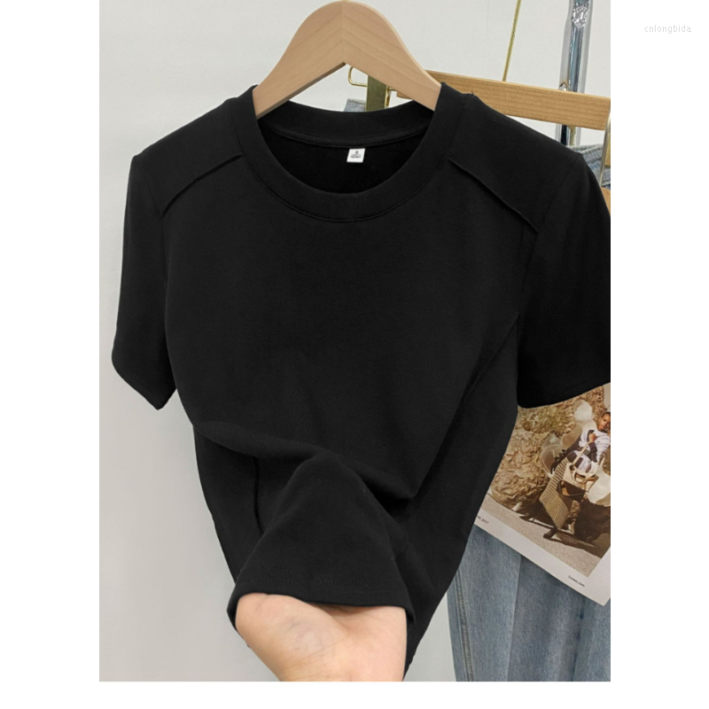 Womens t Shirts Solid Color Round Neck Short Sleeve Slim T-shirt Women 2023 Summer Foreign Air Age Reduction Tops