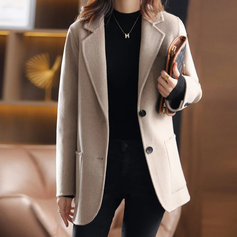 Women's Wool Blends Autumn Winter Woolen Coat Women Suit Jacket Solid Color Single-breasted Pocket Casual Blazers Female Khaki Camel Outerwear 23