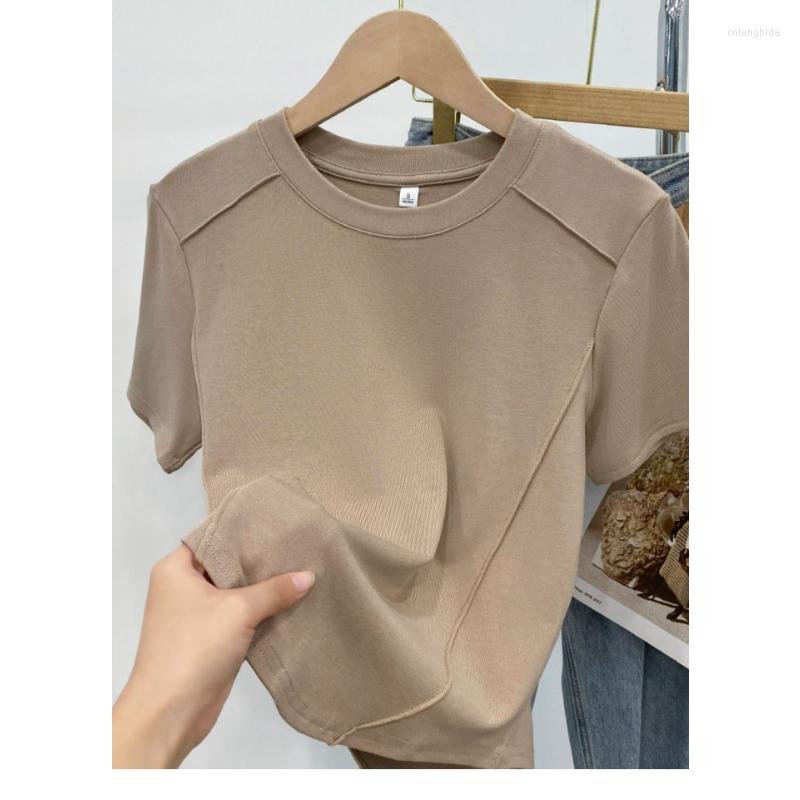Womens t Shirts Solid Color Round Neck Short Sleeve Slim T-shirt Women 2023 Summer Foreign Air Age Reduction Tops