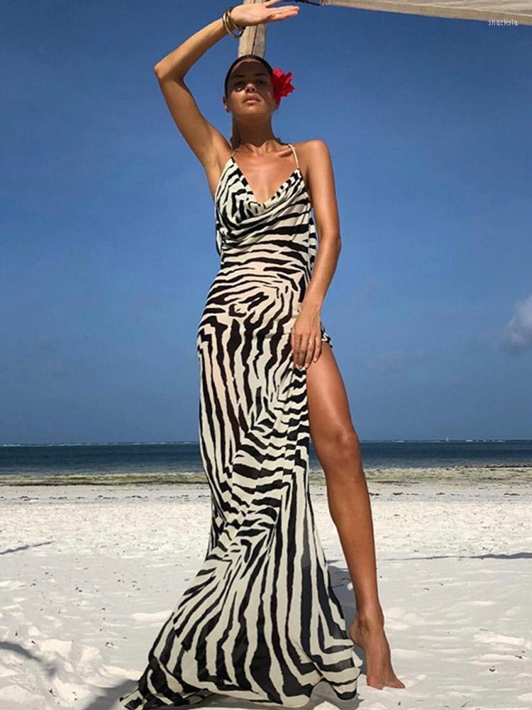 

Casual Dresses 2023 Sexy Spaghetti Strap Side Split Beach Dress Summer Sundress Women Clothes Elegant Zebra Back Open Club Party