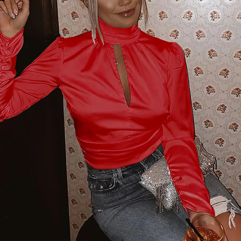 Women s T Shirt Sexy Crop Top Backless Solid Shirt Lace Up Turtleneck Long Sleeve Blouse Spring Streetwear Satin 231114