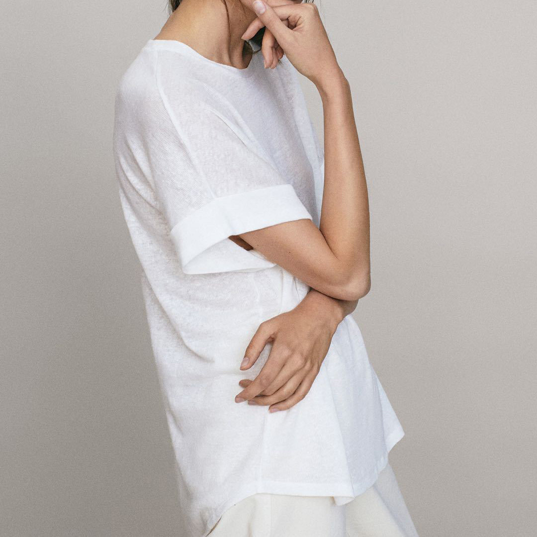 Women's T-Shirt Minimalist Crew Neck Cotton Linen Tees Tops Women Short Sleeve Light Weight T Shirt M L 230414