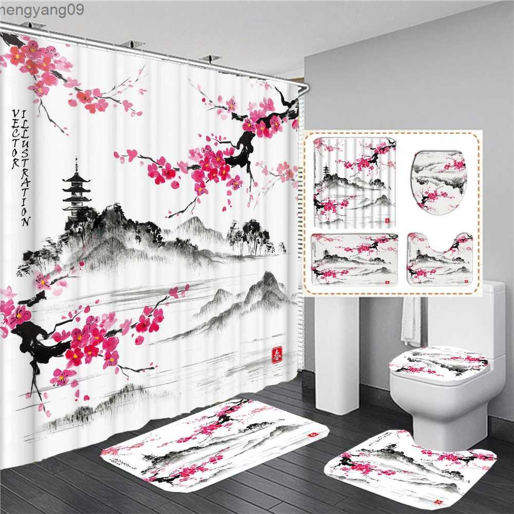 Shower Curtains Cherry Blossom Shower Curtain Set Rug Toilet Cover Bath Mat Spring Sakura Flower Pastoral Bathroom Curtain R231114