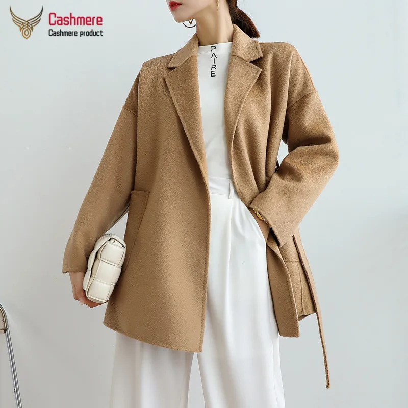 Women's Wool Blends Water Ripple Wool Coat Women Autumn Cashmere Coat Female Mid-length Black Coat Loose Lace Beige Coat Camel Fashion Casual Coa