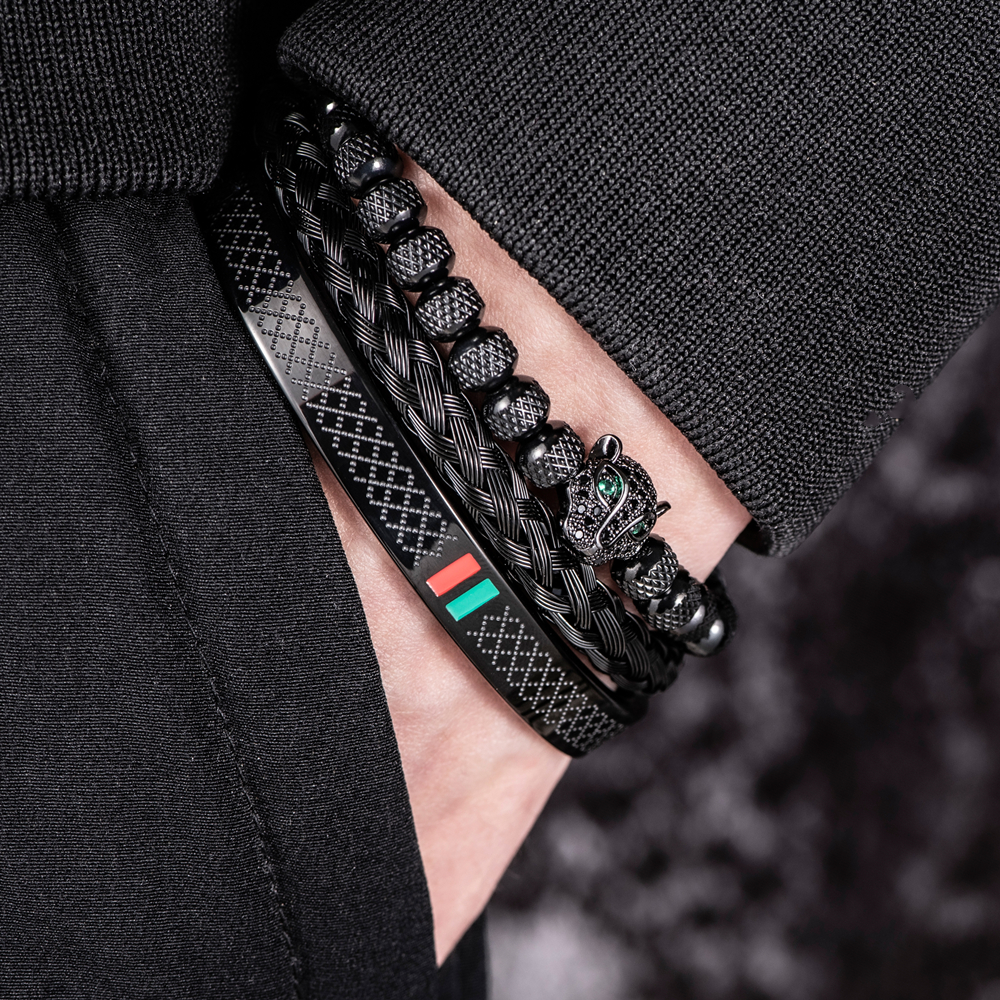 Luxury Handmade Braiding Bracelet Men Pave CZ Leopard Head Enamel Green Red Bracelet Stainless Steel Jewelry