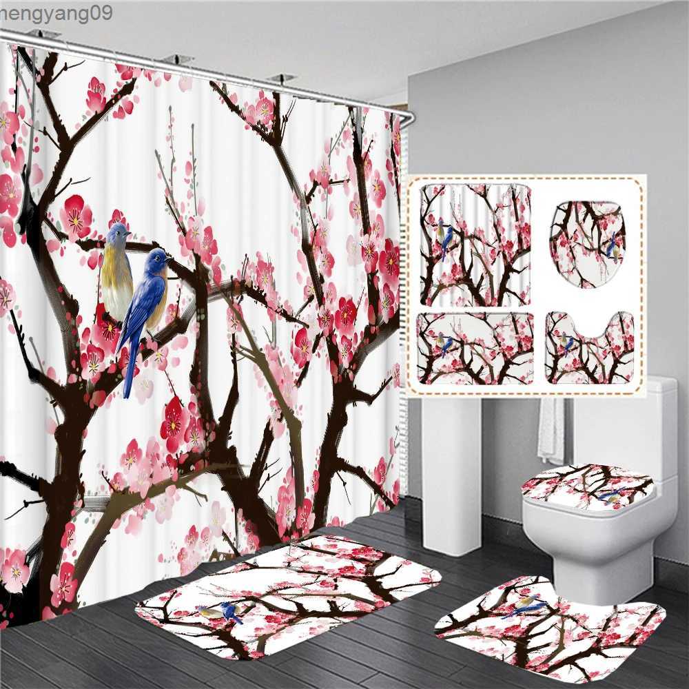 Shower Curtains Cherry Blossom Shower Curtain Set Rug Toilet Cover Bath Mat Spring Sakura Flower Pastoral Bathroom Curtain R231114