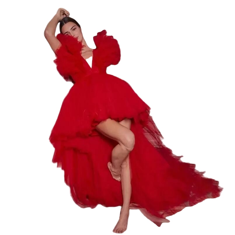 Women Red High Low Prom Dresses Ruffles Puffy Tulle V Neck evening Cocktail Dress Girls Birthday Formal Gowns