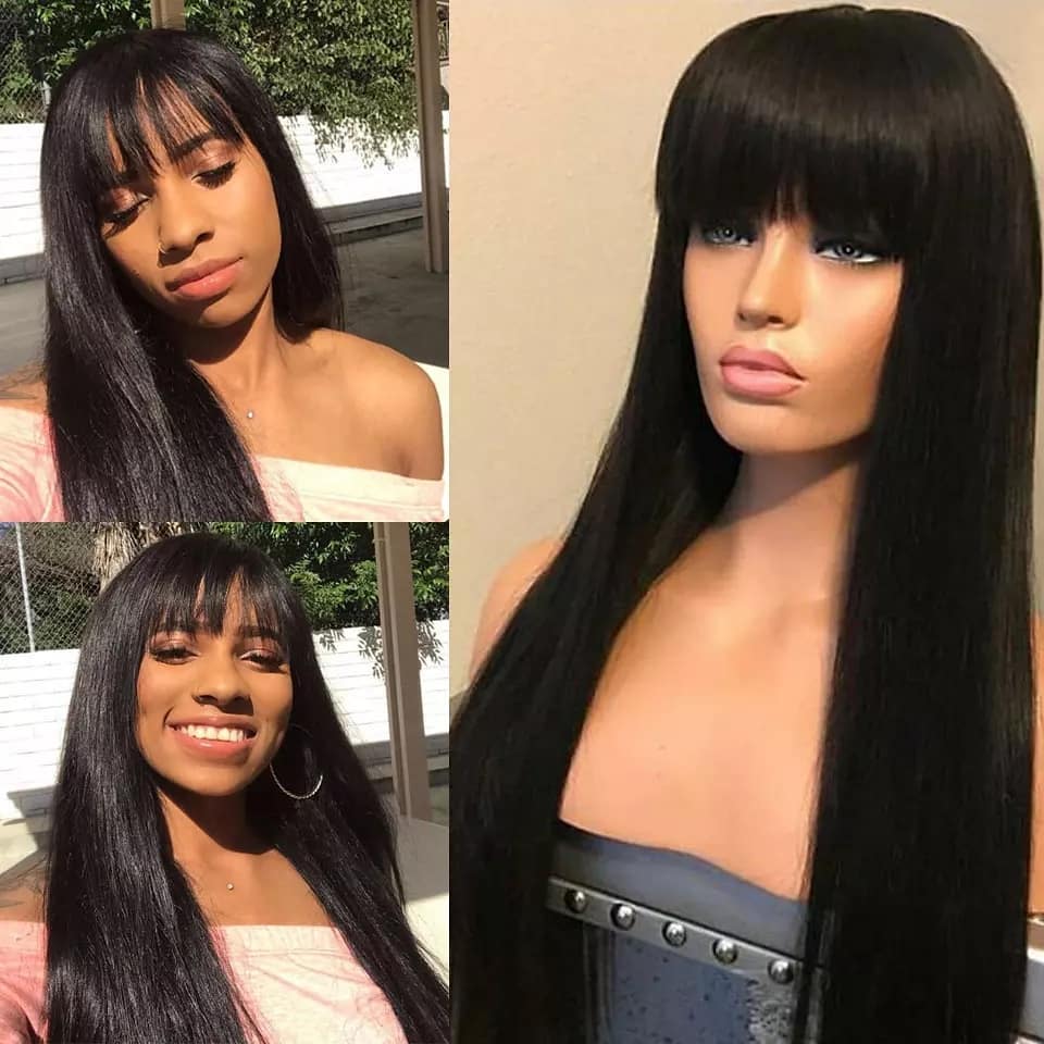 Pervian Human Hair Wigs Straight Hair With Bangs Fringe For Women Brazilian Bob Wig Glueless None Full Lace Wig Synthetic