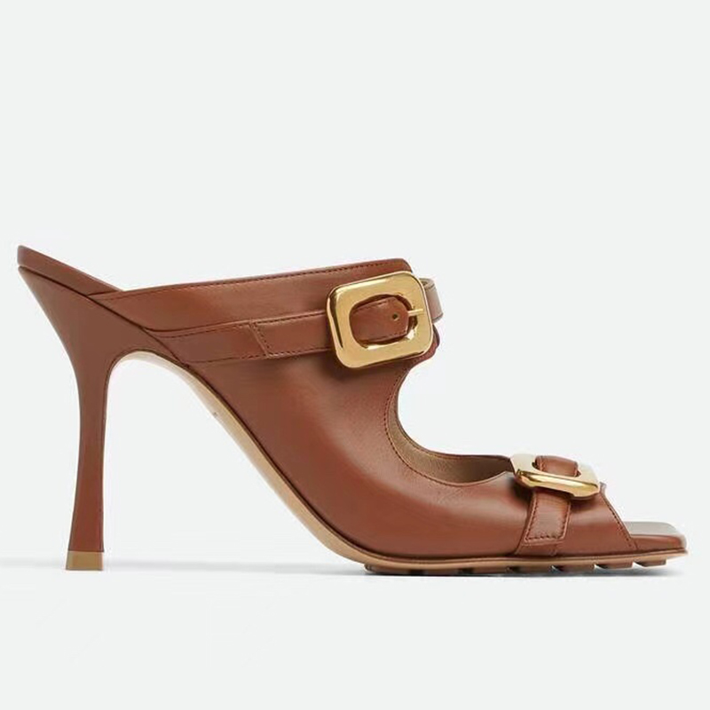 Designers Sandals for womens shoes stiletto heels slippers Gold buckle decoration calfskin Leather Designer shoes 9CM high heeled slipper 35-43 Square head Sandal