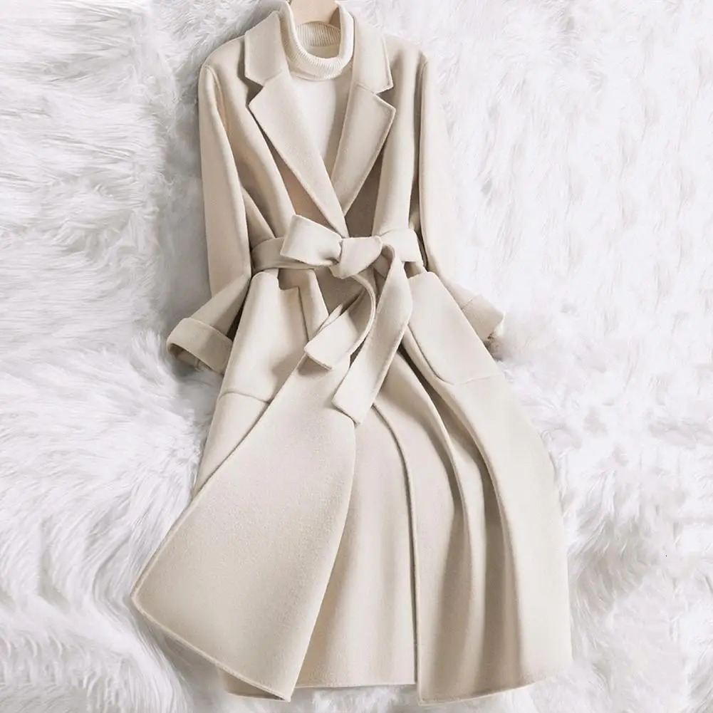 Womens Wool Blends Double Side Faux Cashmere Woolen Coat Lapel Long Sleeve Belt Trench wome Jacket Single Button Outwear Korean 231114