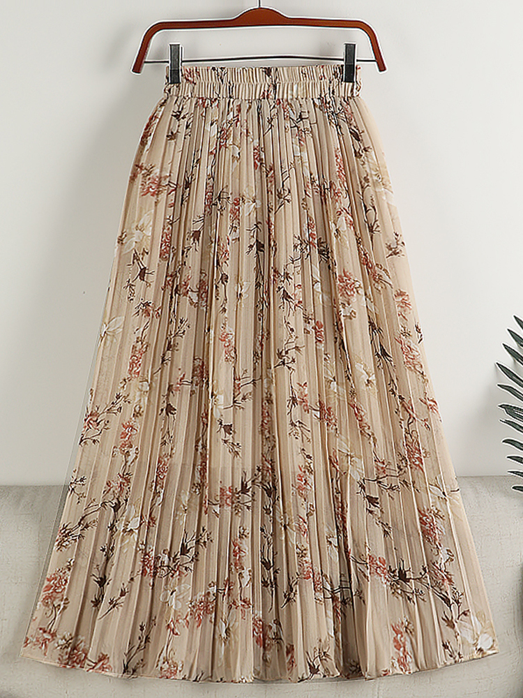 Skirts TIGENA Chiffon Pleated Skirt for Women Spring Summer Vintage Floral Print Boho Beach High Waist Midi Long Skirt Female 230414