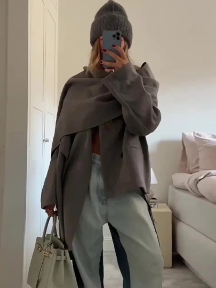 Women's Wool Blends Women Scarf Collar Patchwork Jacket Long Sleeve Double Breasted Thick Warm Coat Autumn Fashion Female Pocket Street Jackets 2