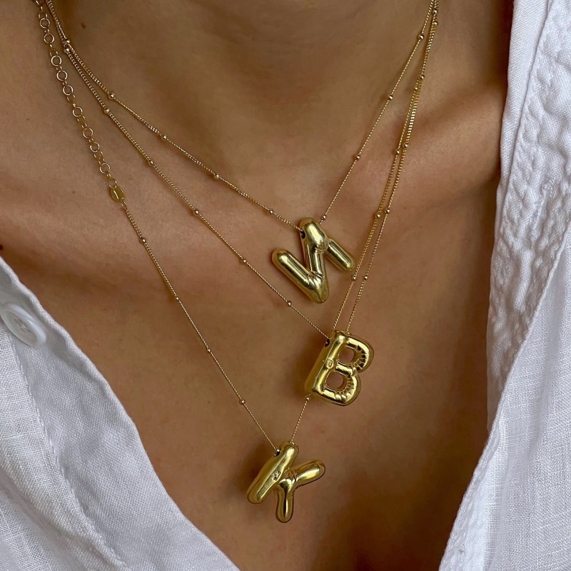 New Fashion Trendy Stainless Steel 18K Yellow Gold Plated A-Z Bubble Letter Pendant Necklace for Girls Women for Party Wedding Nice Gift