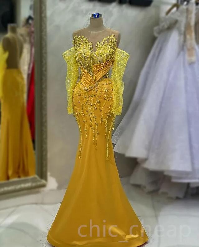 Aso Ebi Yellow Mermaid Evening Dresses sheer neck Long Sleeve Lace Beaded Crystal Prom Occasion Gown Robe De Soiree