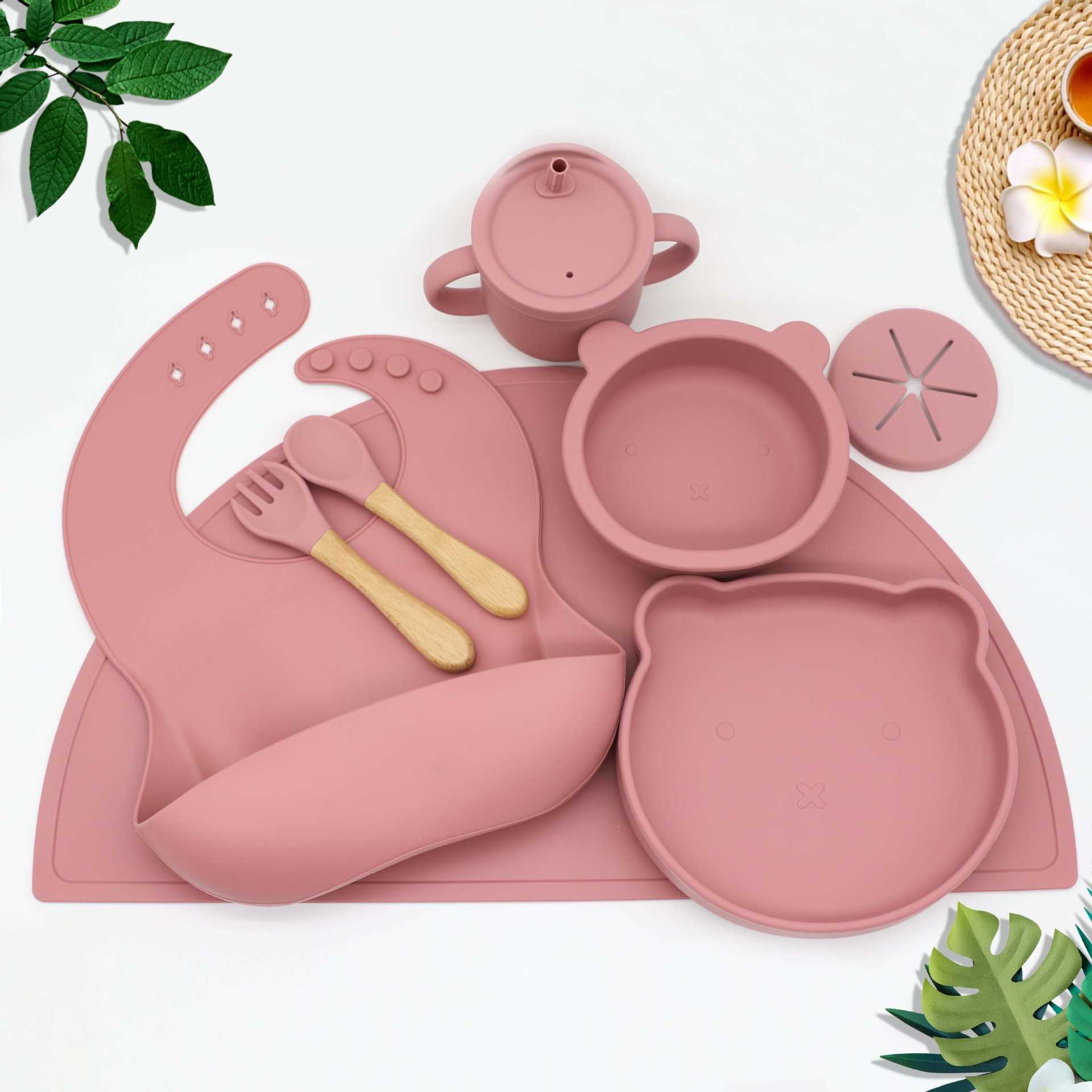 Cups Dishes Utensils Baby Silicone Feeding Tableware Set BPA-Free Suction Dinner Plate Bowl Bibs Sippy Cup Fork Spoon Placemat Baby Training Dishes AA