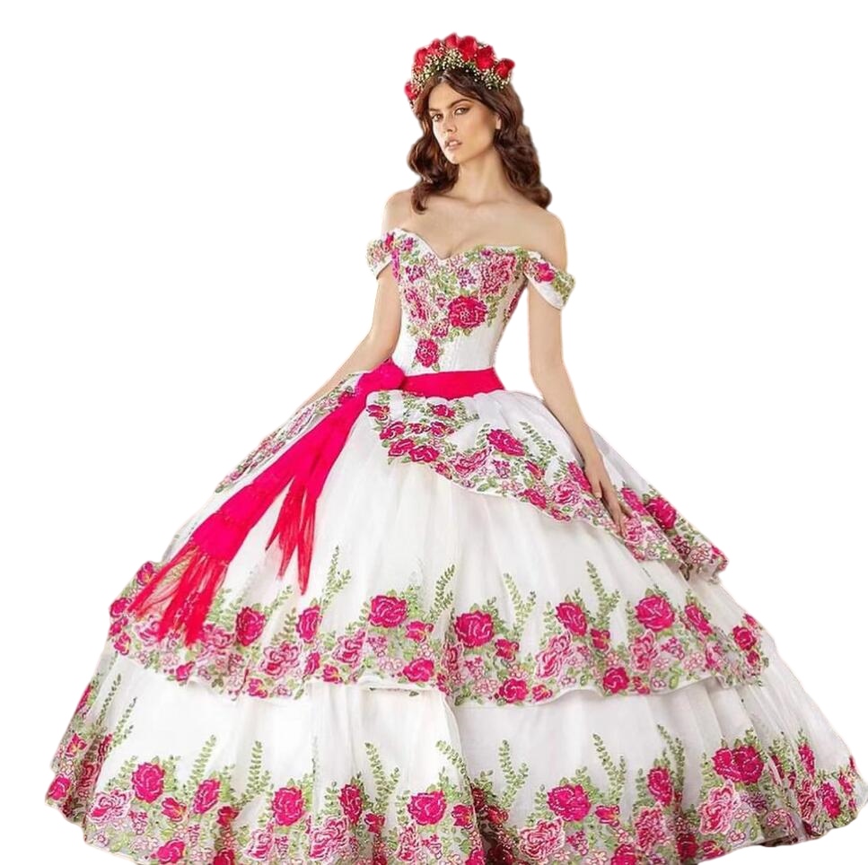 Mexican Girls White Quinceanera Dresses with Floral Embroidery Charro Off Shoulder Lace-up Corset Prom Vestidos De 15 Anos